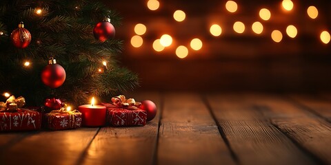 Christmas tree presents wooden background