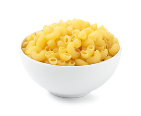 Raw horns pasta in bowl isolated on white