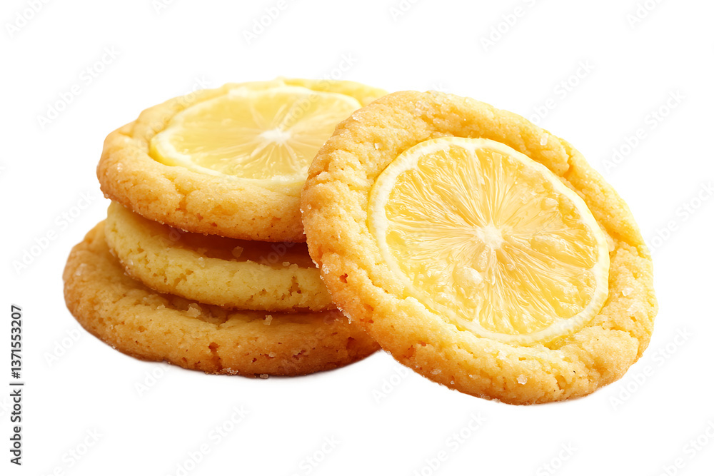 Poster a stack of lemon cookies topped with lemon slices on a black background in a close up view