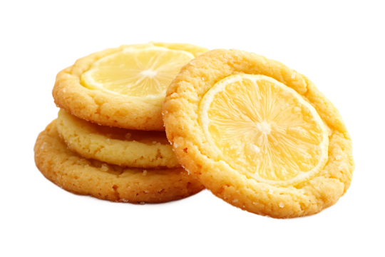 A stack of lemon cookies topped with lemon slices on a black background in a close up view