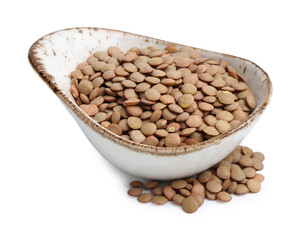 Raw lentils in bowl isolated on white