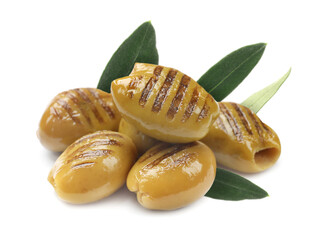 Delicious grilled olives with green leaves on white background