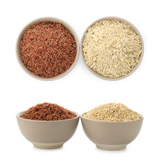 Different types of brown rice in bowls on white background, collage. Top and side view
