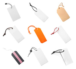 Many blank tags on white background, collage. Mockup for design