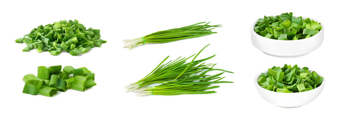 Fresh green onions on white background, collage