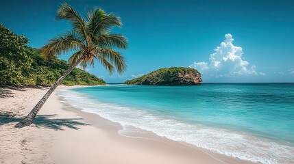 Fototapeta premium A single palm tree leans over a beautiful white sand beach with calm turquoise ocean and clear blue sky, creating relaxing summer holiday vibes.