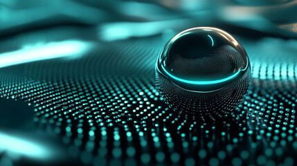 Reflective sphere rests on a teal, patterned surface