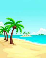 Obraz premium three palm trees on sandy beach near small island and ocean