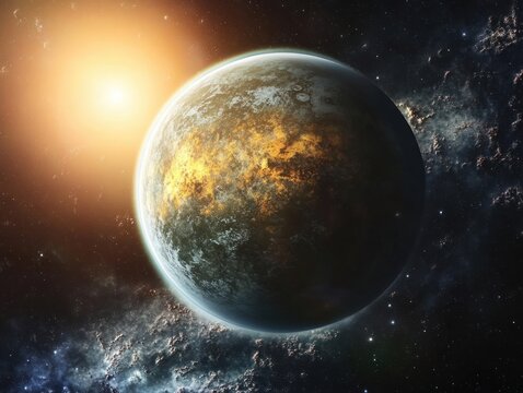 tidally locked planet with eternal day/night sides, revealing the atmospheric conditions, clouds and weather patterns