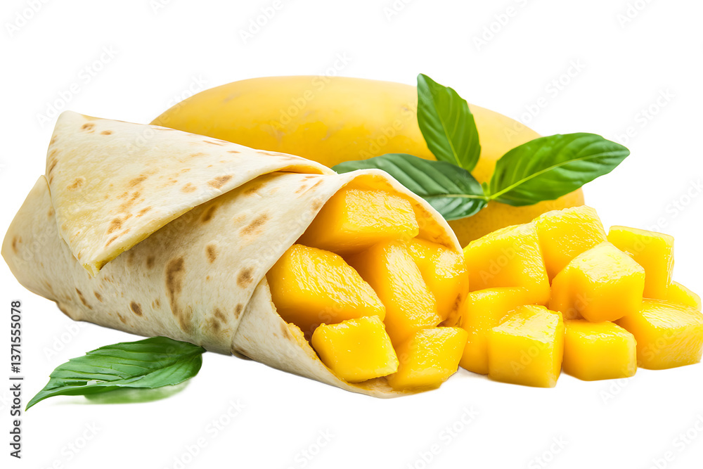 Poster close up of a mango wrap with basil leaves and a whole mango on a black background studio shot