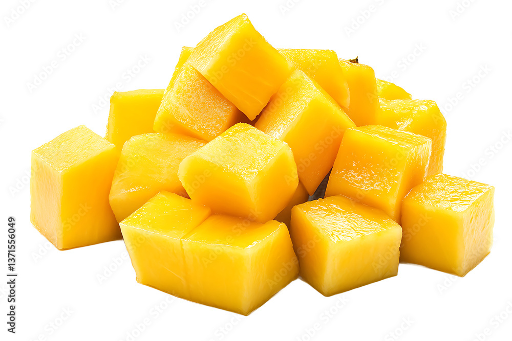 Poster a pile of diced mango pieces stacked together on a black background in a studio setting shot close u