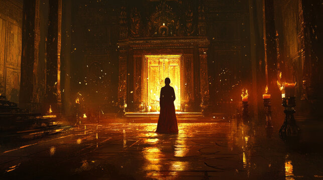 Golden Doorway to Destiny: A lone figure stands before a radiant, ornate entrance