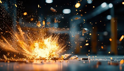 Explosion of sparks and debris, bright and intense, fills the frame with chaotic energy. Sharp fragments fly.
