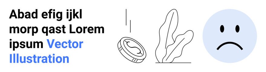 Fototapeta premium Sad face next to falling coin near an abstract leaf design conveying feelings of loss, disappointment, or financial struggle. Ideal for finance, business, emotion, economics, savings, setbacks