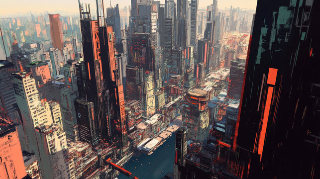 Dense futuristic cityscape, towering buildings, canal cutting through