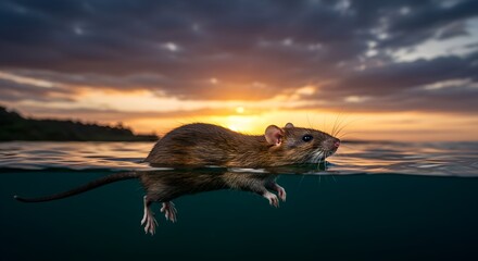 Obraz premium Rat in Water at Sunset: Captivating Wildlife Portrayal in Aquatic Habitat