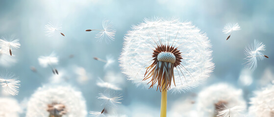 Obraz premium A close-up of a dandelion seed head, capturing delicate seeds floating in the gentle breeze during a sunny day.