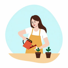 smiling woman in an apron waters potted plants in a tranquil setting