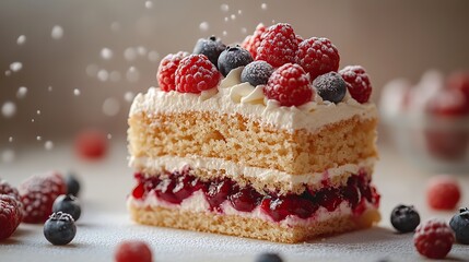 A slice of delicious sponge cake with whipped cream and berries levitates on a white background with copy space.
