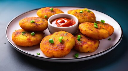 Close-up shot of crispy aloo tikki served with colorful chutneys, showing bright and vibrant Indian street food flavors on a simple background, perfect for food blogs and menu designs