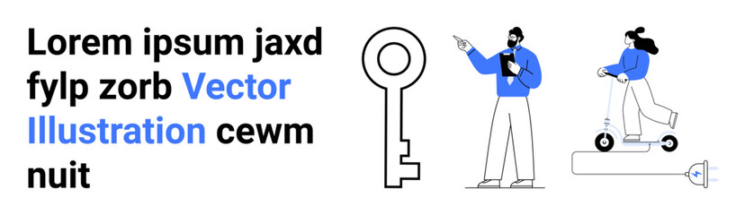 Business professional analyzing data or teaching, key symbolizing access and security, rider on e-scooter representing modern mobility. Ideal for leadership, innovation, learning, freedom, digital
