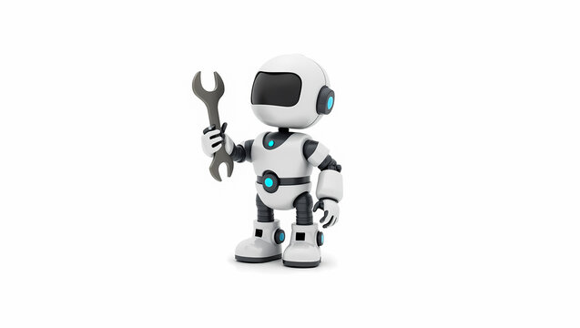 small friendly robot holds a wrench symbolizing repair and technological support.