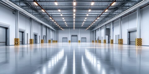 Bright, empty warehouse interior with a polished floor and multiple loading bay doors. Clean and modern.