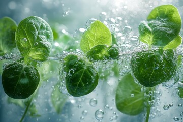 Green sprouts with water droplets on leaves under natural light