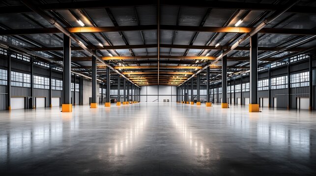 Spacious industrial warehouse with polished concrete floor and steel support beams under uniform lighting.