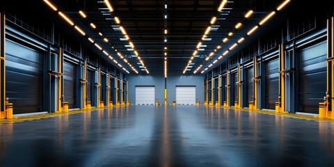 Modern industrial warehouse interior with loading docks, high ceilings, and ample floor space.