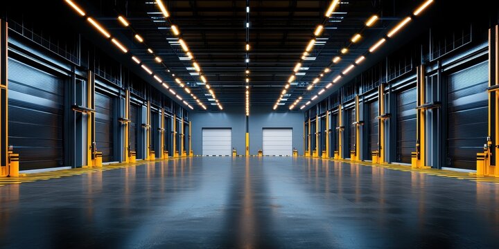 Modern industrial warehouse interior with loading docks, high ceilings, and ample floor space.