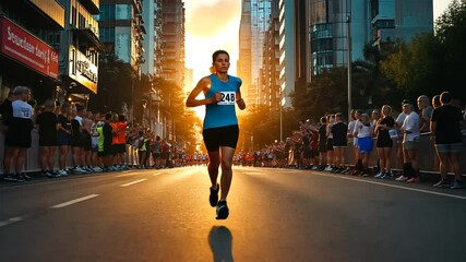 A determined runner in a blue shirt races down a sunlit urban street, surrounded by cheering spectators during a marathon