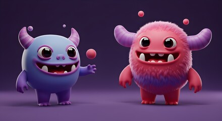 Cheerful horned plush cartoon characters in vibrant colors playing together