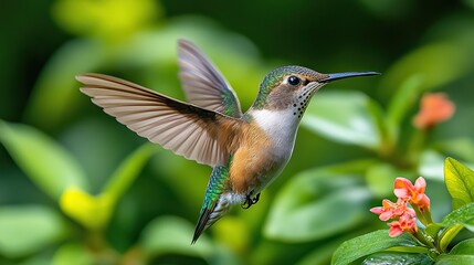 Fototapeta premium A small hummingbird flits through the air, gracefully flapping its vibrant wings against lush green vegetation, a captivating and serene natural scene.