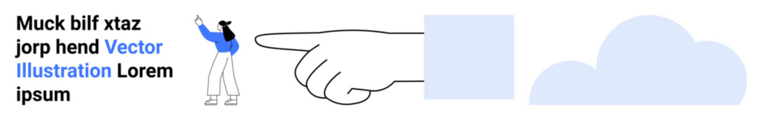 Individual gesturing, large hand pointing, abstract floating shapes. Ideal for guidance, decision-making, direction, ideas, strategy, creativity simple landing page