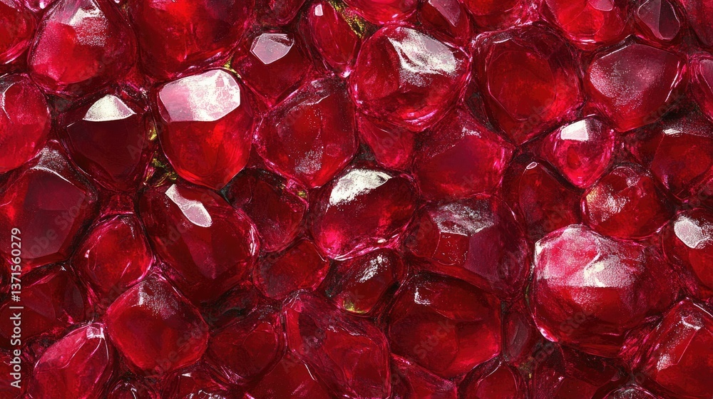 Poster close-up view of shiny red gemstones reflecting light on a dark surface creating a luxurious and ele