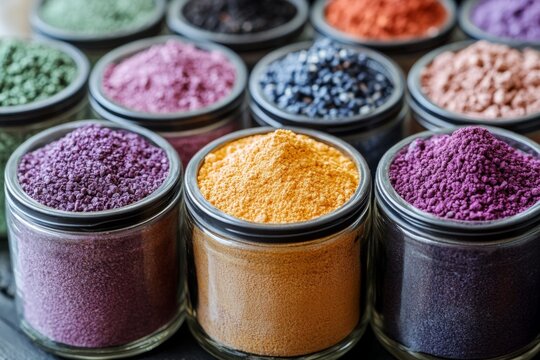 Colorful powdered spices in rustic metal bowls on wooden background