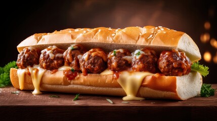 meatball sub with melted cheese, fresh sandwich filled with meatballs, cheese and sauce, popular fast food snack or meal served in bread roll, perfect for lunch or dinner