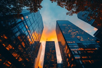 Looking up at tall glass buildings reflecting sunset sky