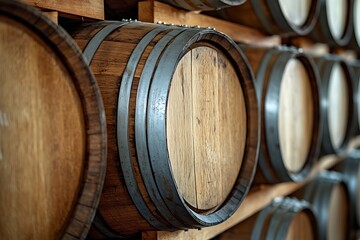 Weathered oak barrels with metal bands, stacked in a rustic winery, evoking the aged charm and history of the oak