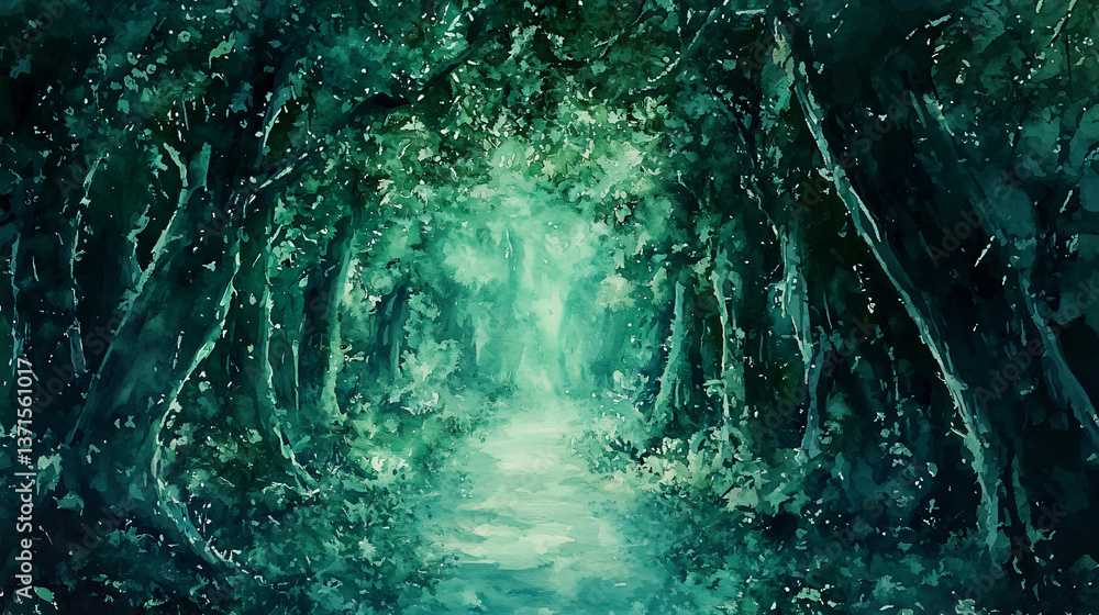 Poster winding path leading through a dense forest in a fantasy world with enchanted vibes and ethereal ill