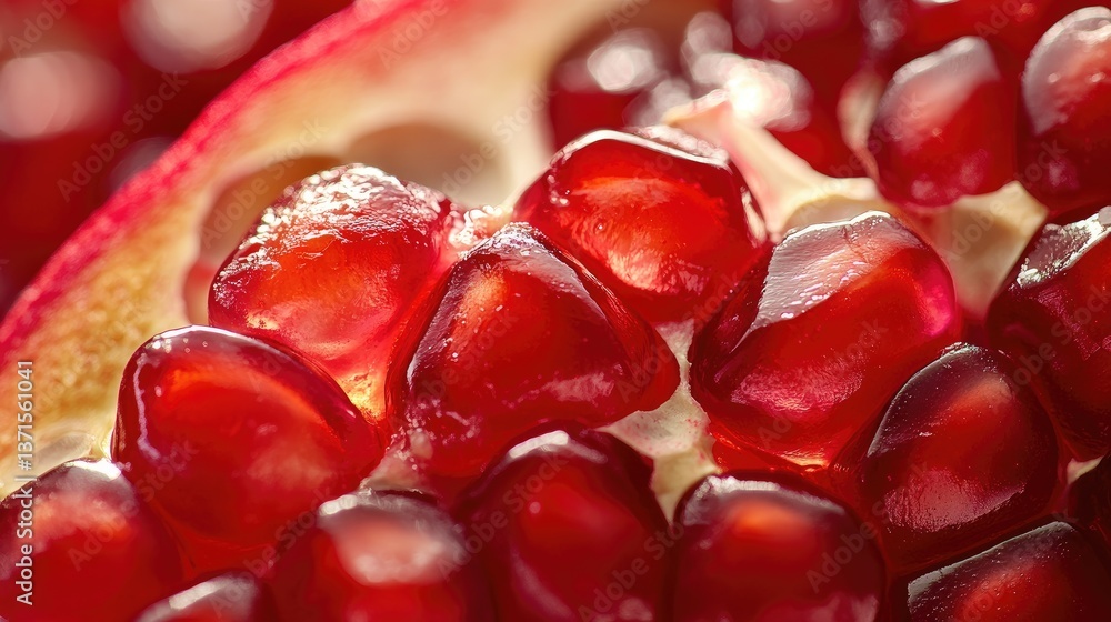 Aufkleber close-up of vibrant pomegranate seeds with juicy texture and rich color embedded in a fresh slice of