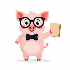 Naklejka premium cheerful cartoon pig wearing glasses and a bow tie holds a book