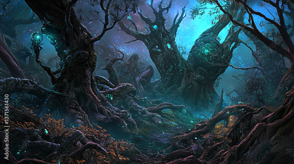 Poster dense forest surrounded by tall trees creating a tranquil atmosphere in a magical fantasy world ench