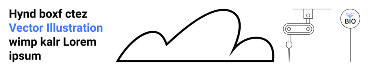 Abstract cloud design with line art mechanical arm and bio tag icon. Ideal for technology, sustainability, innovation, environment, futuristic concepts, cloud computing, and a simple landing page