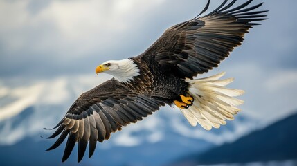 Obraz premium Majestic Bald Eagle in Flight Over Snowy Mountain Landscape