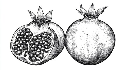 Detailed Illustration of Fresh Pomegranate Fruit Halved with Seeds and Whole Pomegranate in Black and White Style