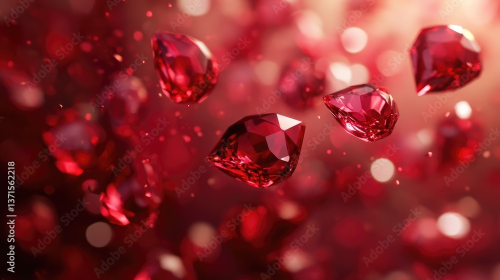 Poster shimmering red gemstones with sparkling reflections and soft glowing backgrounds for elegant design 