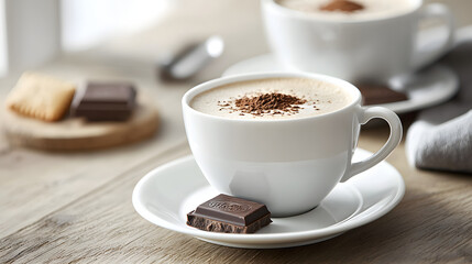 Freshly Brewed Espresso with Cream Topped with Cocoa in a White Cup on a Wooden Table