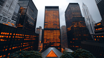 Illuminated Skyscrapers at Night in Urban City